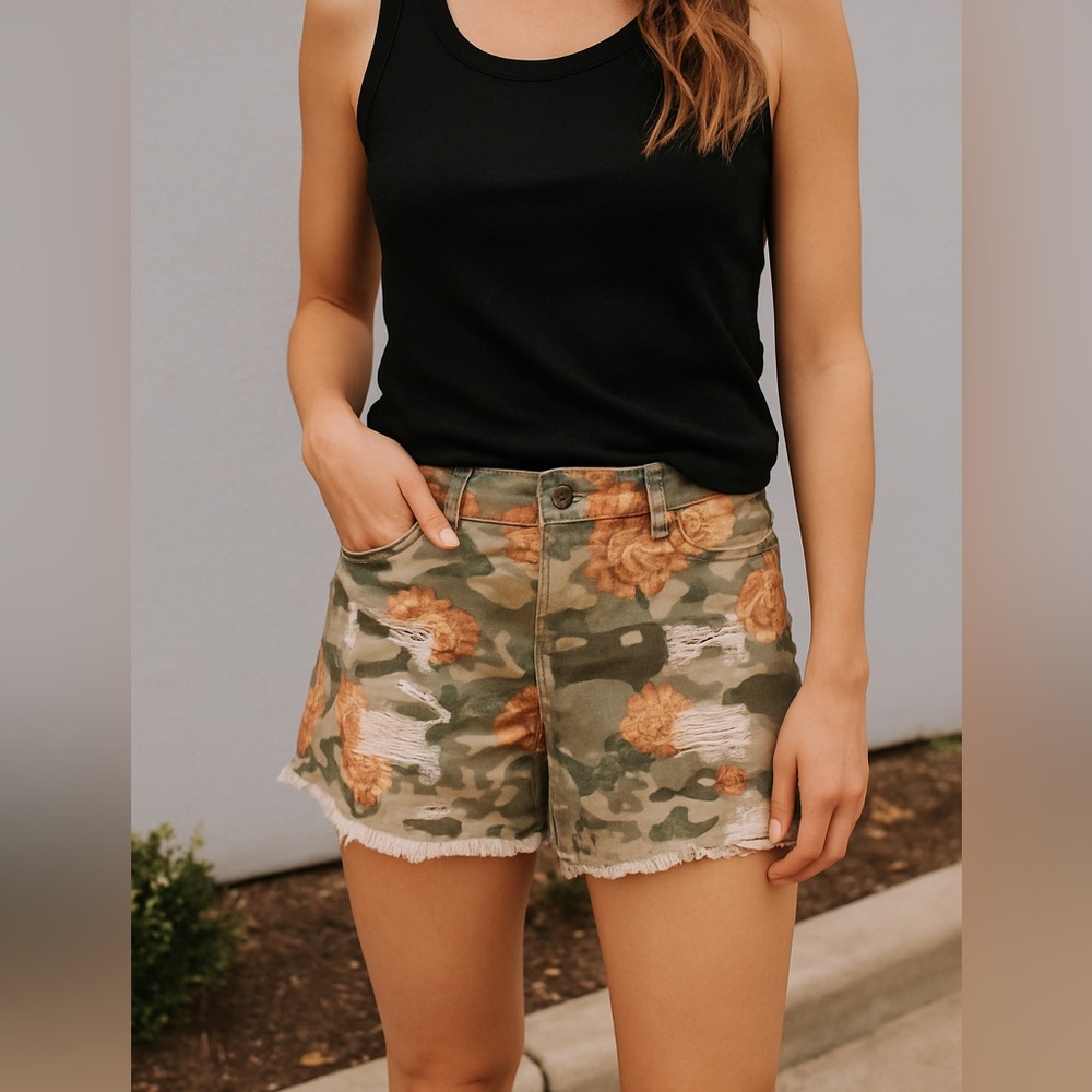 One 5 One | Camo Floral Cut Off Distressed Denim Shorts - Boho Chic